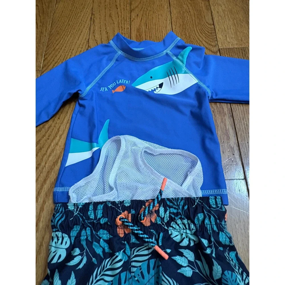 Little Me Shark Rash Guard & Cat & Jack Tropical Swim Trunks Set 18M Blue